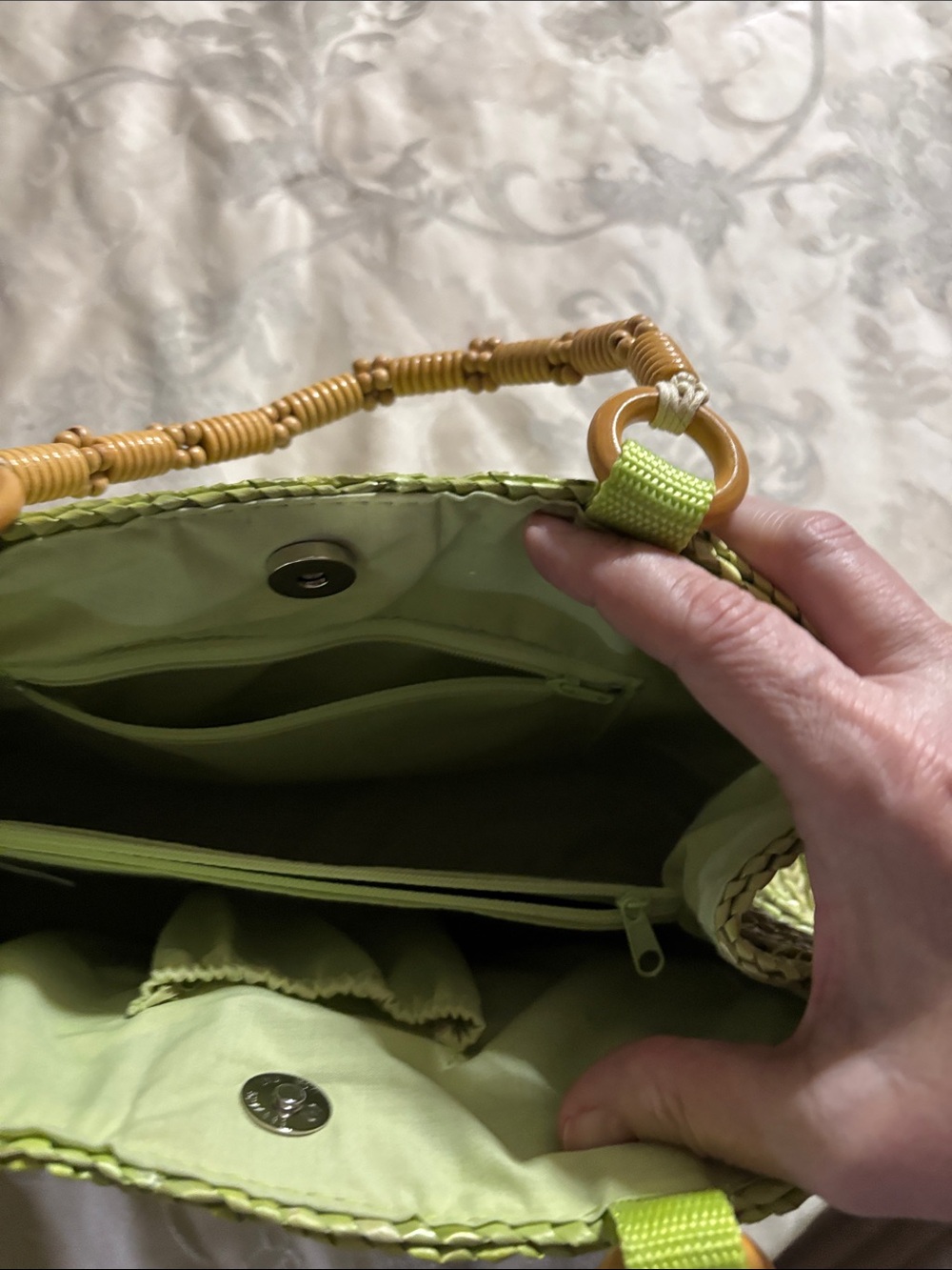 Green Woven Straw Tote with Bamboo-Style Handles - Picture 6 of 10